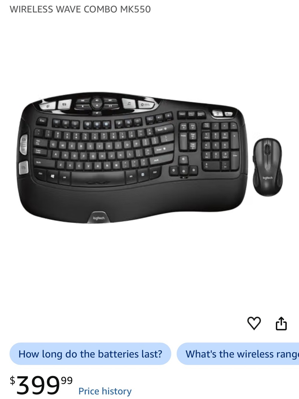 Logitech MK550 Wireless Keyboard and Mouse Combo Comfort Wave